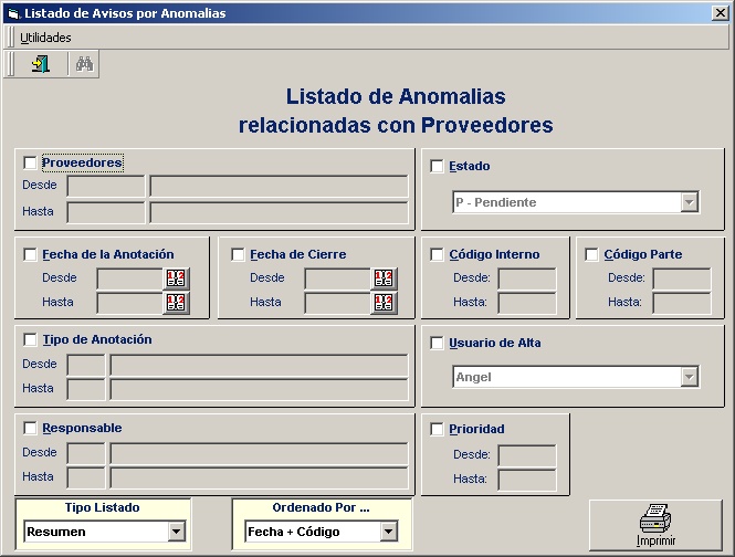 Listado Incidencias Reclamaciones Proveedores